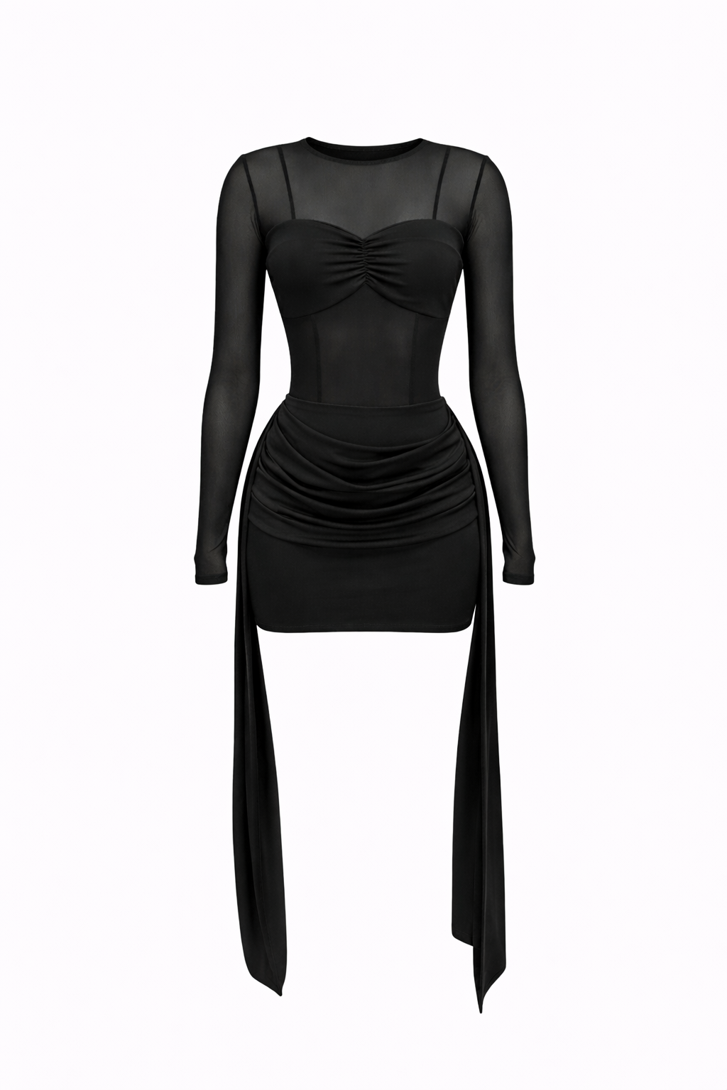 NOIR DRESS — Sheer Mesh Long Sleeve Ruched Mini Dress