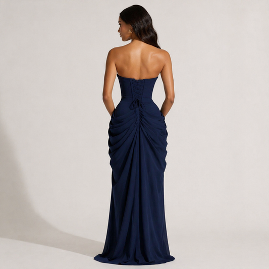 CELESTE MAXI — Strapless Ruched Slit Gown