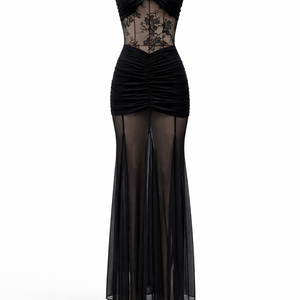 NOIR LACE DRESS — Strapless Sheer Panel Maxi