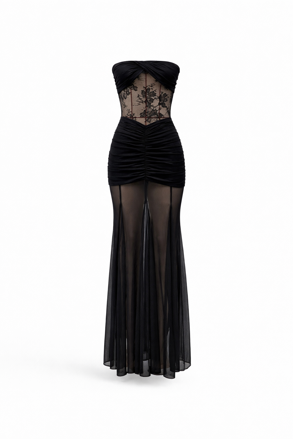 NOIR LACE DRESS — Strapless Sheer Panel Maxi