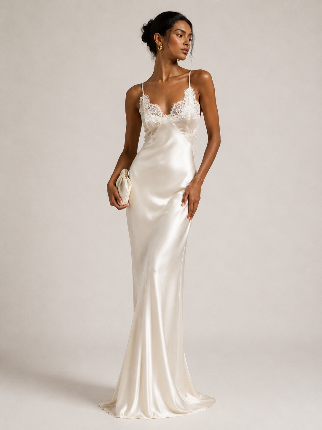 ELARA DRESS — Lace-Panel Satin Slip Maxi