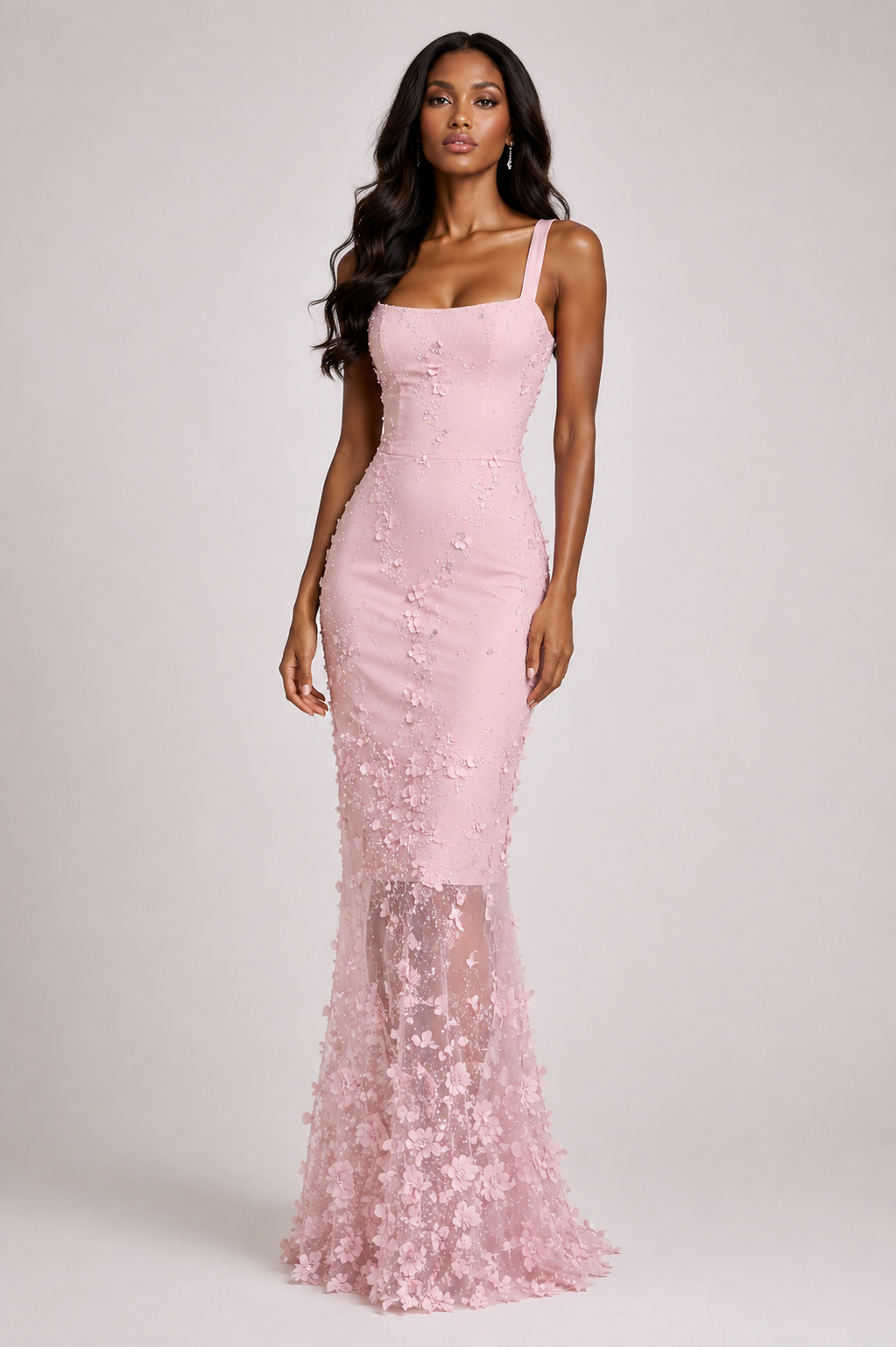 ROSALIND DRESS — Floral Appliqué Slip Maxi with High Slit