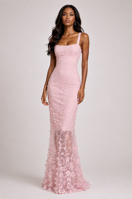 ROSALIND DRESS — Floral Appliqué Slip Maxi with High Slit