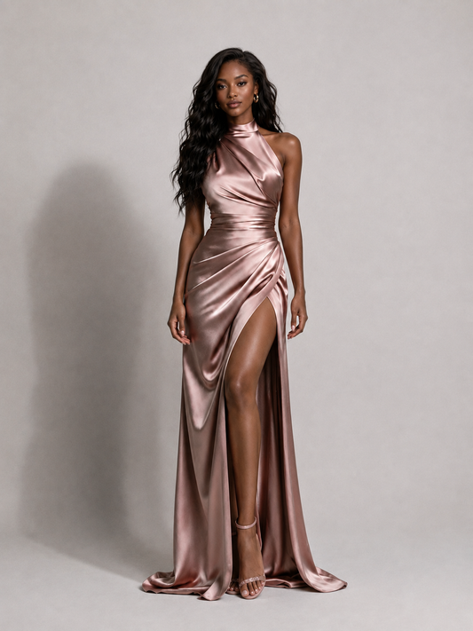 SERAPHINE HALTER GOWN — High-Neck Satin Slit Dress