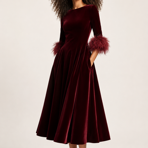 Rosalie Velvet Feather-Cuff Midi Dress