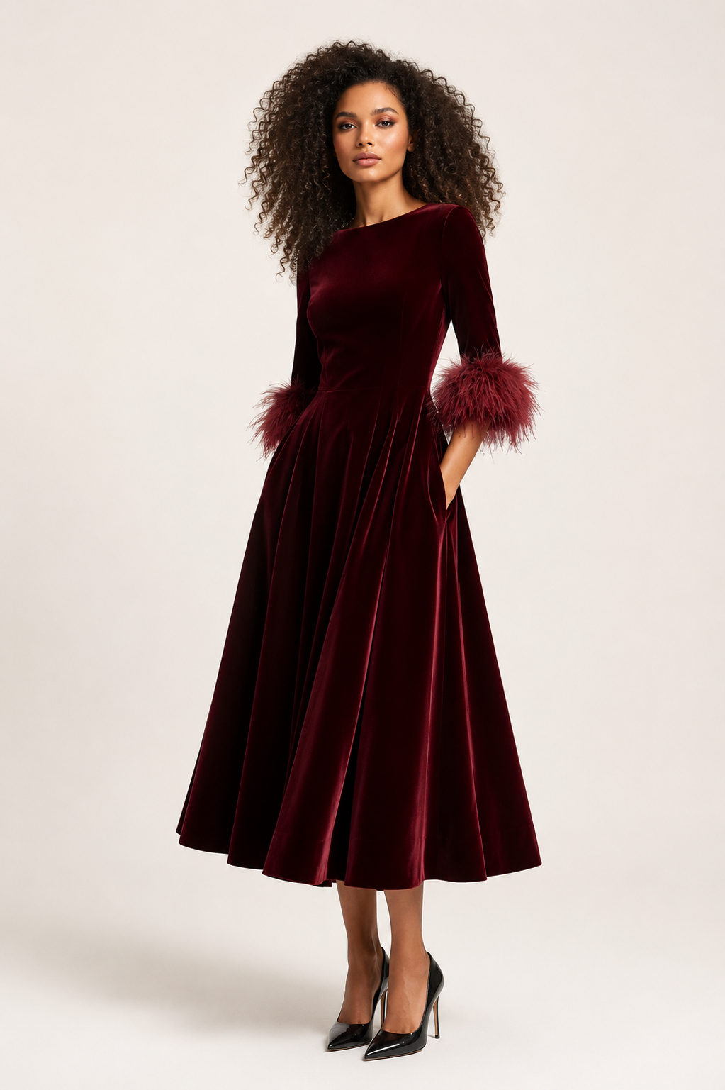 Rosalie Velvet Feather-Cuff Midi Dress