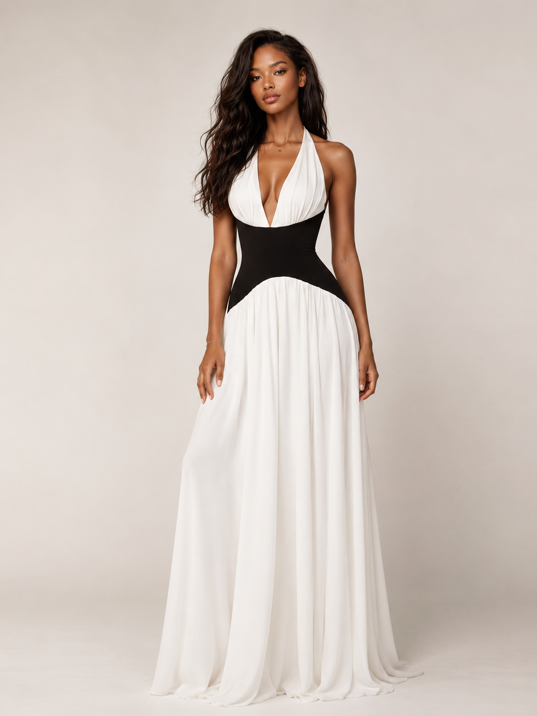 VITTORIA GOWN — Maxikleid mit Neckholder und geformter Taillenpartie in Kontrastfarbe