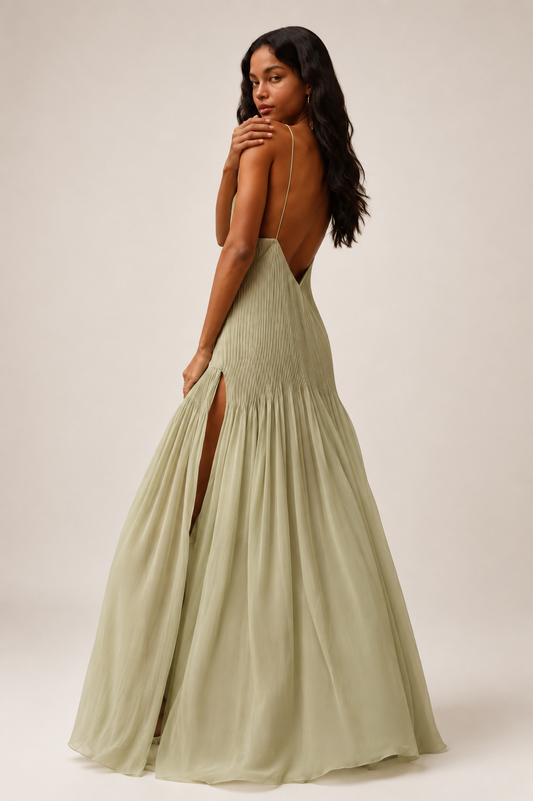 Elara Pleated Backless Maxi Dress