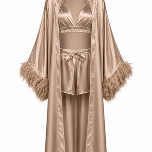 THE AMARA SET — Feather-Trim Satin Three-Piece