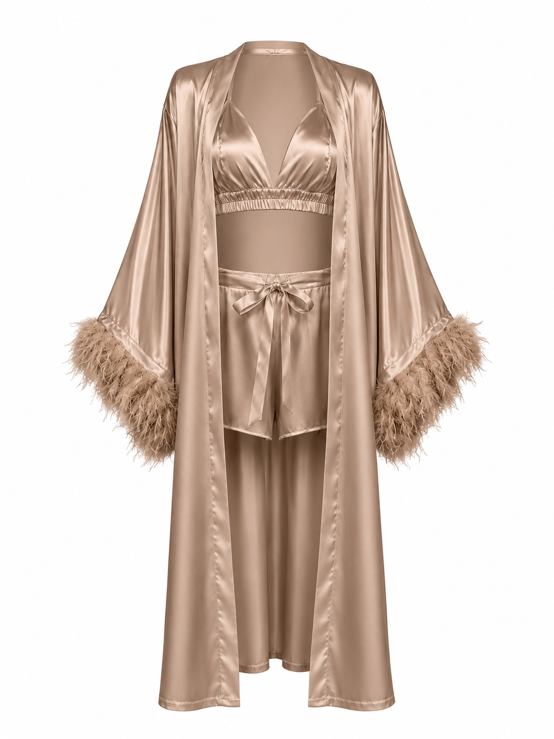 THE AMARA SET — Feather-Trim Satin Three-Piece