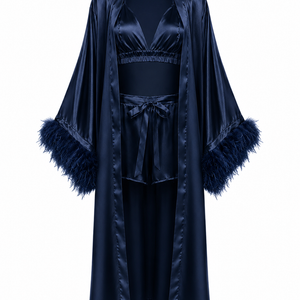 THE AMARA SET — Feather-Trim Satin Three-Piece