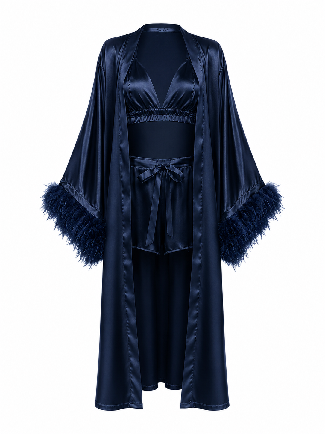 THE AMARA SET — Feather-Trim Satin Three-Piece