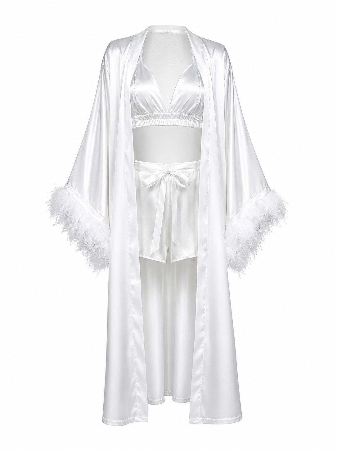 THE AMARA SET — Feather-Trim Satin Three-Piece