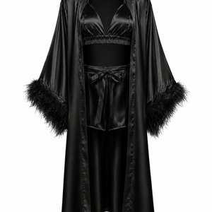 THE AMARA SET — Feather-Trim Satin Three-Piece