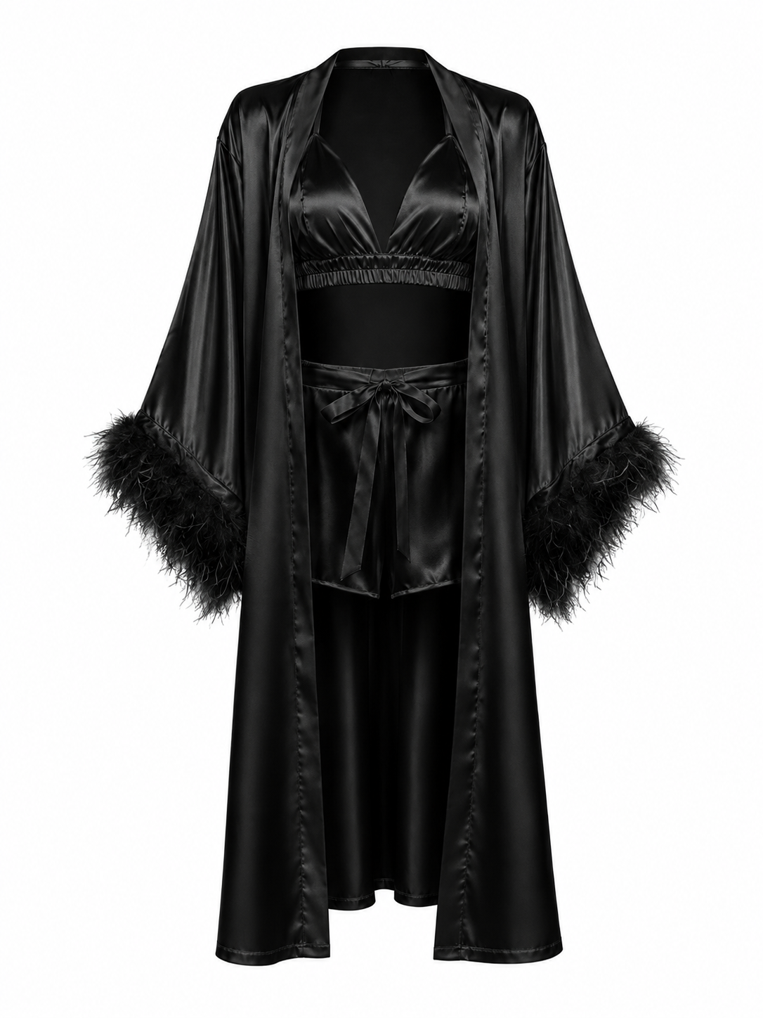 THE AMARA SET — Feather-Trim Satin Three-Piece