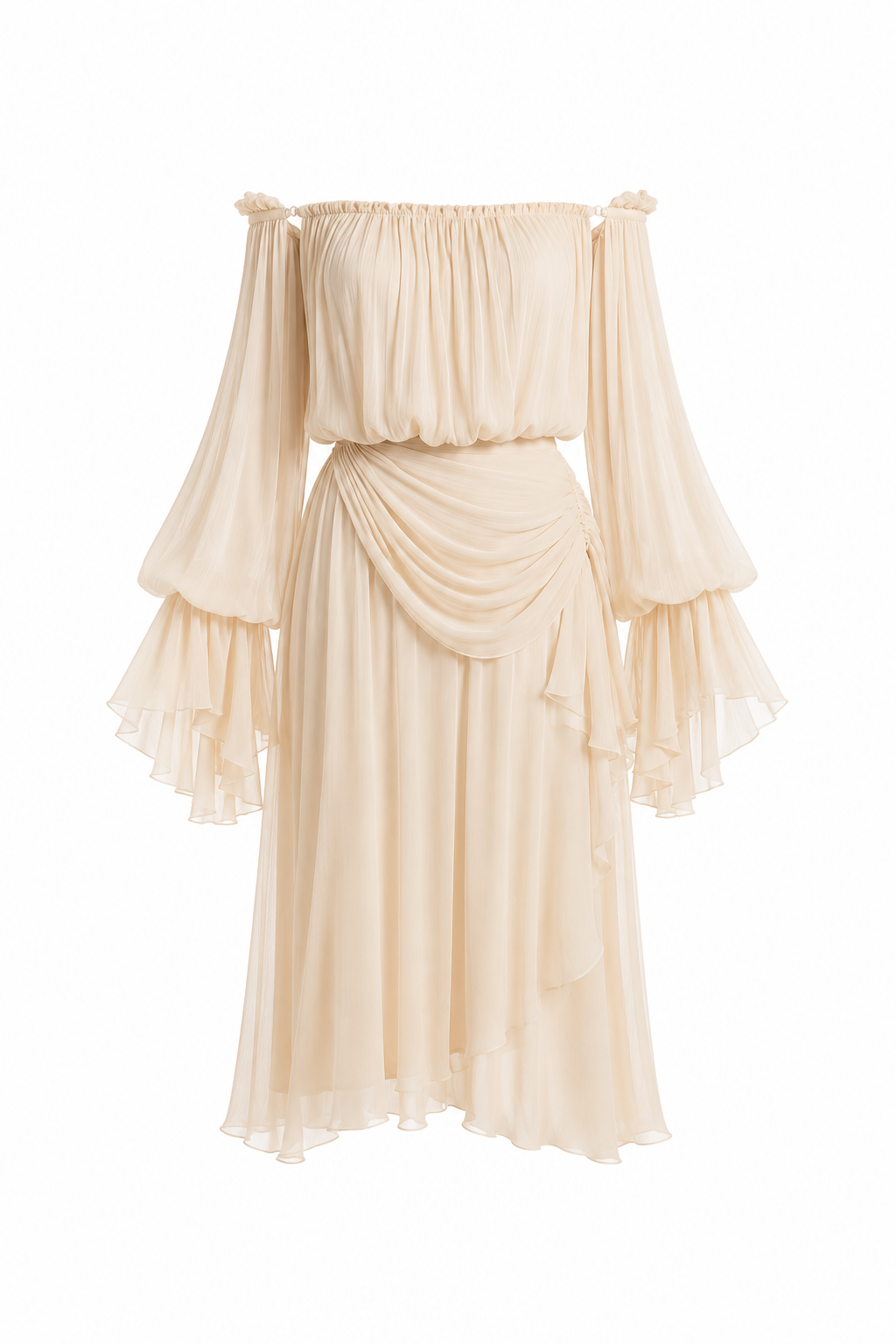 ÉLODIE MIDI — Off-Shoulder Pleated Chiffon Dress