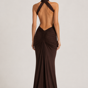 SOREN GOWN — Draped Halterneck Open-Back Maxi