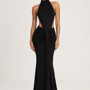 SOREN GOWN — Draped Halterneck Open-Back Maxi