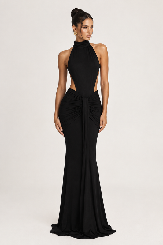 SOREN GOWN — Draped Halterneck Open-Back Maxi