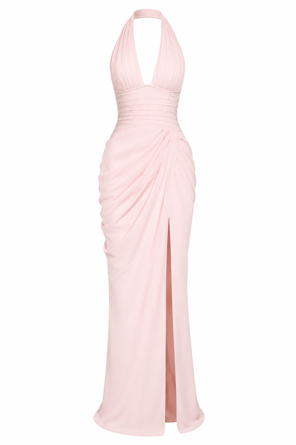 VALENTINA GOWN — Plunge Halter Draped Maxi Dress