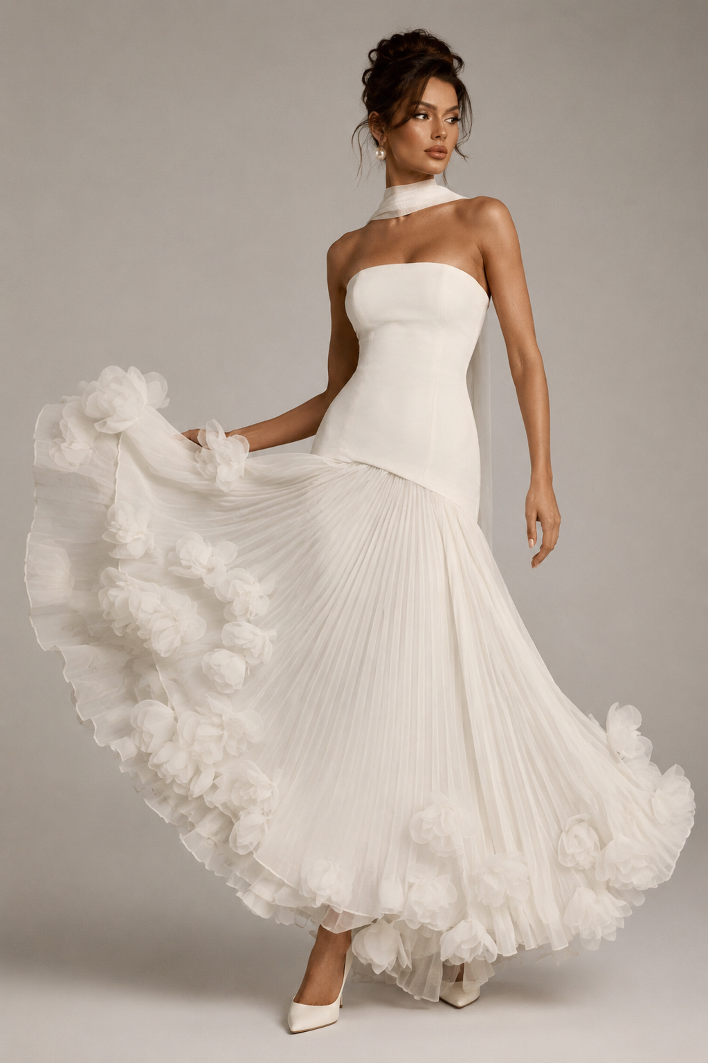 FLEUR GOWN — Strapless Floral Pleated Maxi Dress