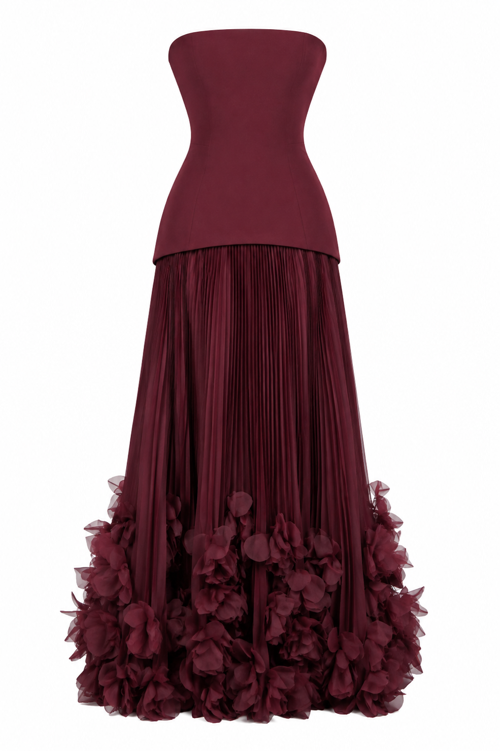 FLEUR GOWN — Strapless Floral Pleated Maxi Dress