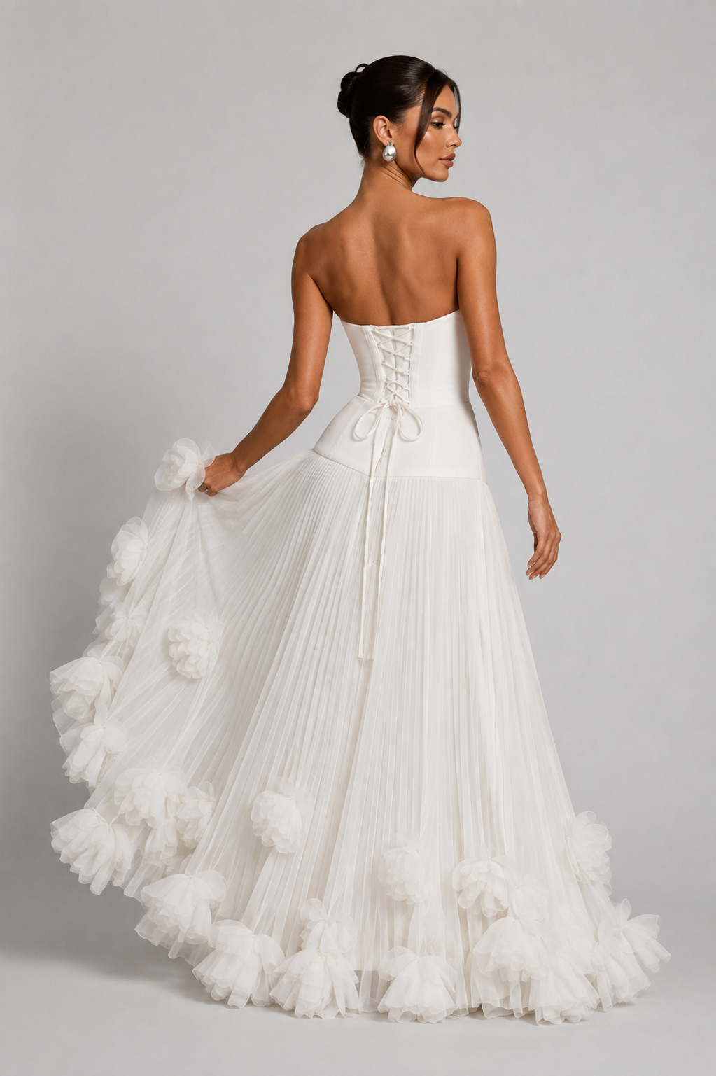 FLEUR GOWN — Strapless Floral Pleated Maxi Dress