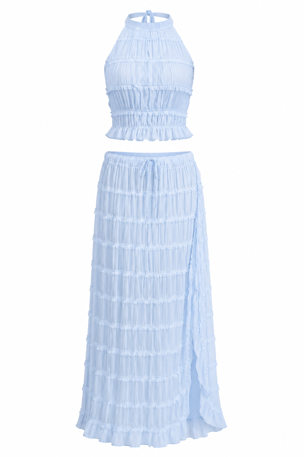 SIENNA SET — Shirred Halter Top &amp; Tiered Maxi Skirt