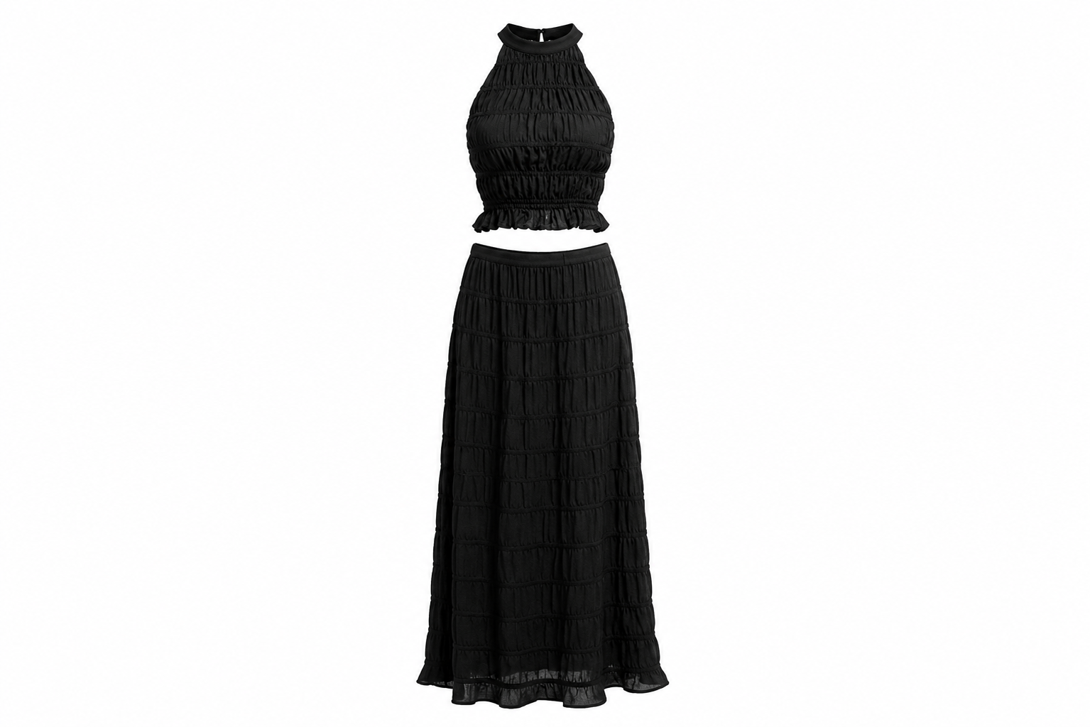 SIENNA SET — Shirred Halter Top &amp; Tiered Maxi Skirt