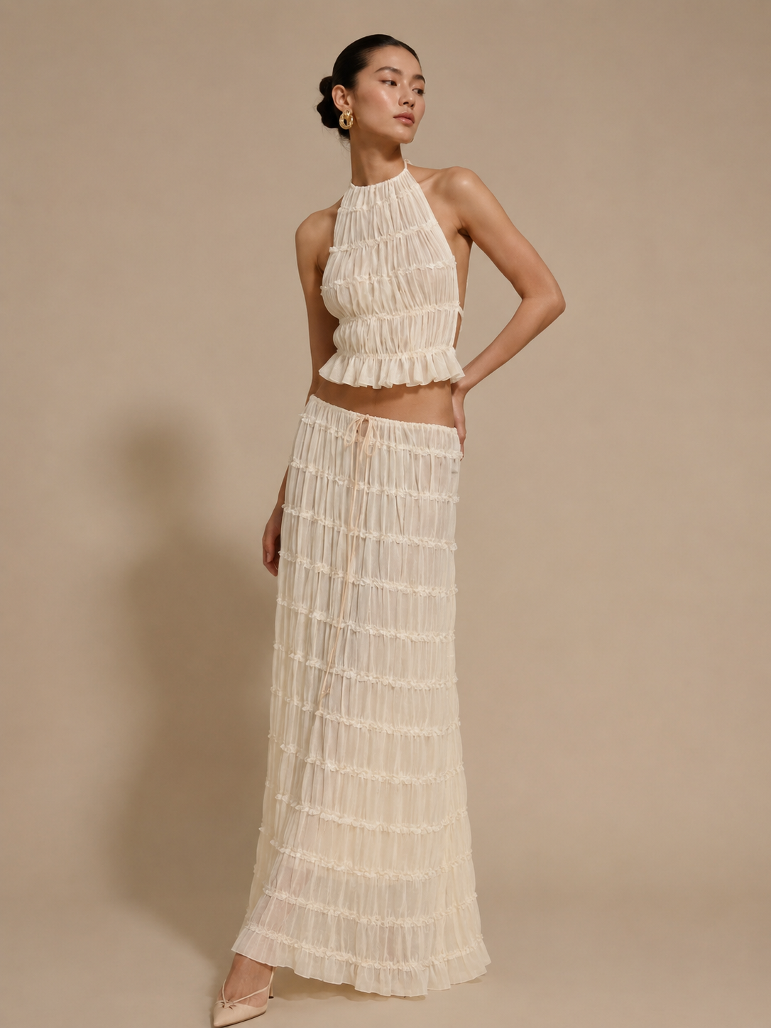 SIENNA SET — Shirred Halter Top &amp; Tiered Maxi Skirt