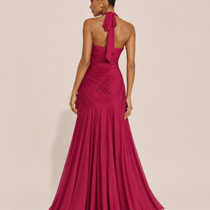 ISLA GOWN — Pleated Halter Open-Back Maxi
