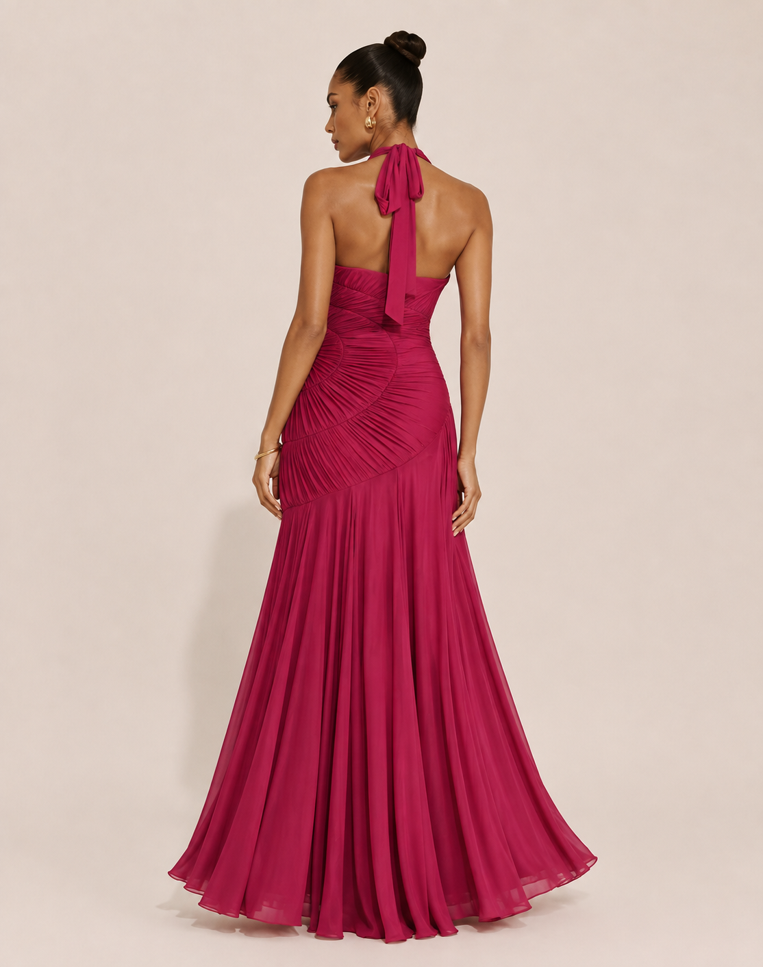 ISLA GOWN — Pleated Halter Open-Back Maxi
