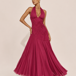 ISLA GOWN — Pleated Halter Open-Back Maxi