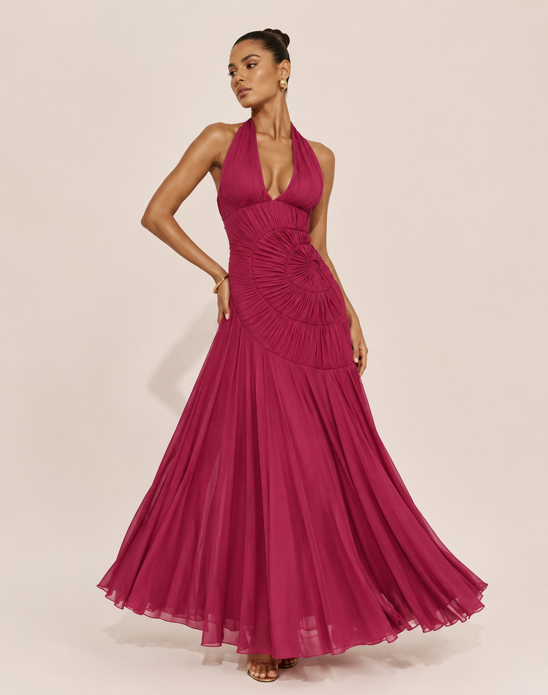 ISLA GOWN — Pleated Halter Open-Back Maxi