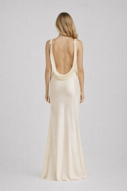 San Miguel Slip Gown — Cowl Neck Backless Satin Maxi