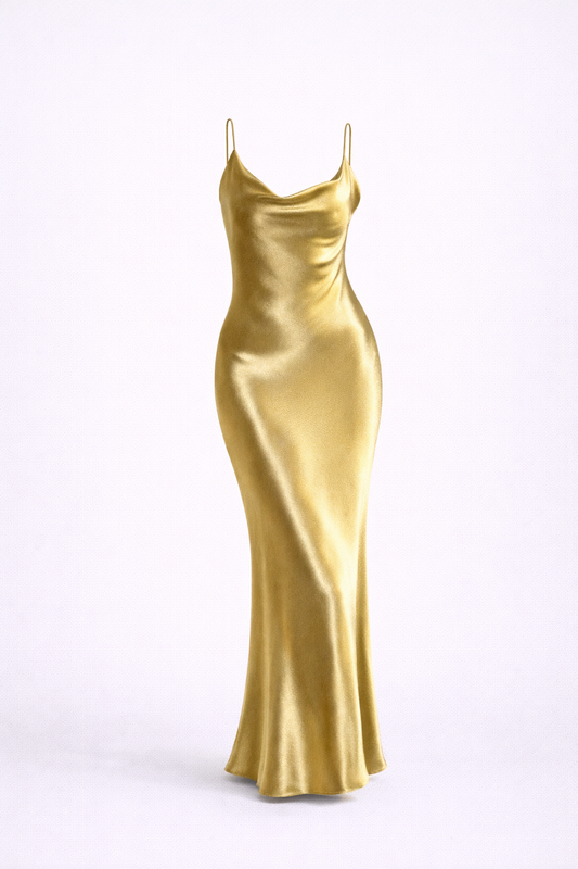 Midas Slip Gown — Cowl Neck Satin Maxi in Gold