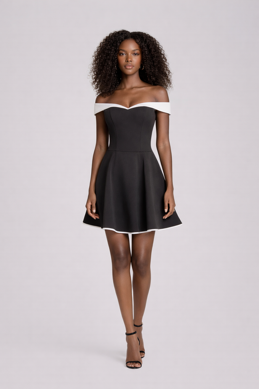 Coco Mini Dress— Off-Shoulder Contrast Trim Skater Dress