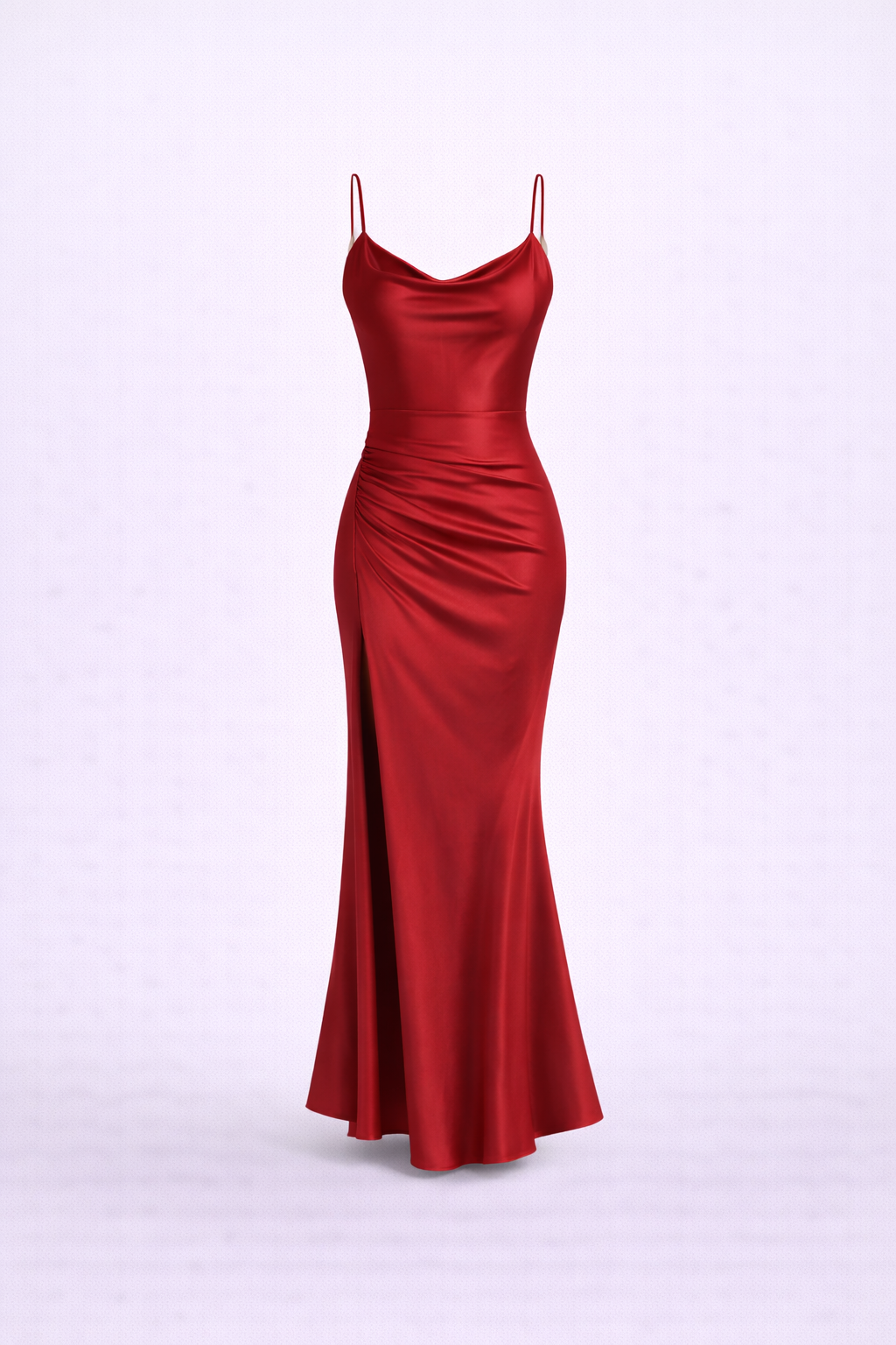 Vienna Satin Gown— Cowl Neck Ruched Maxi with Thigh Slit