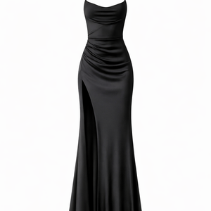 Vienna Satin Gown— Cowl Neck Ruched Maxi with Thigh Slit