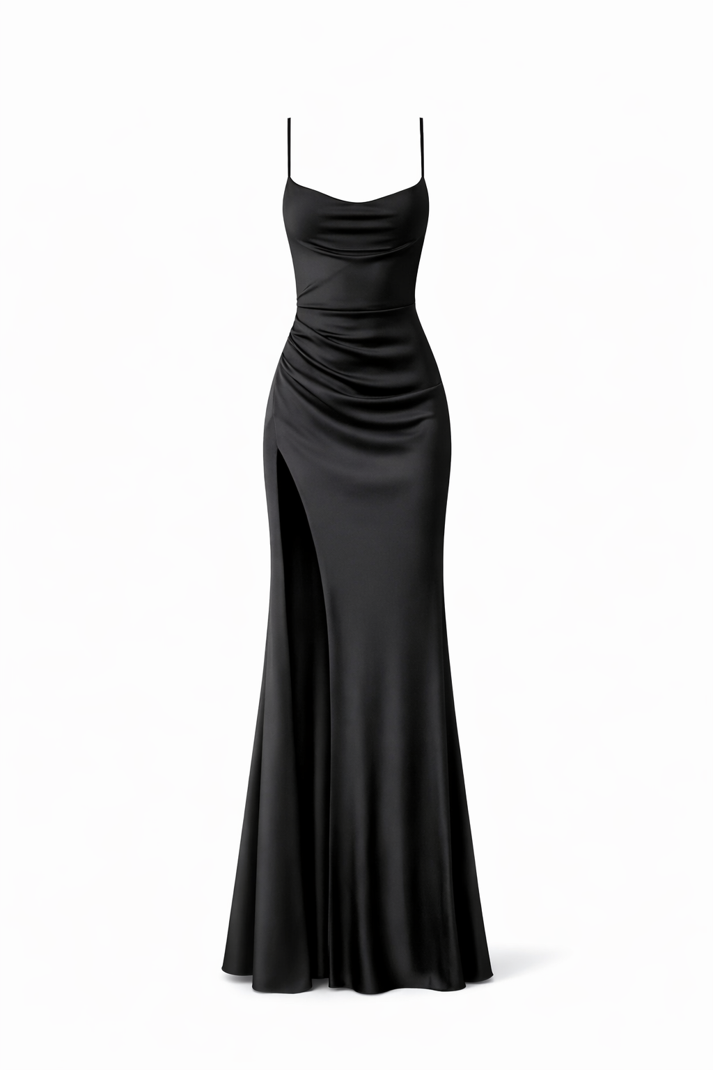 Vienna Satin Gown— Cowl Neck Ruched Maxi with Thigh Slit