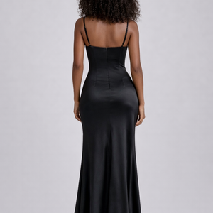 Vienna Satin Gown— Cowl Neck Ruched Maxi with Thigh Slit