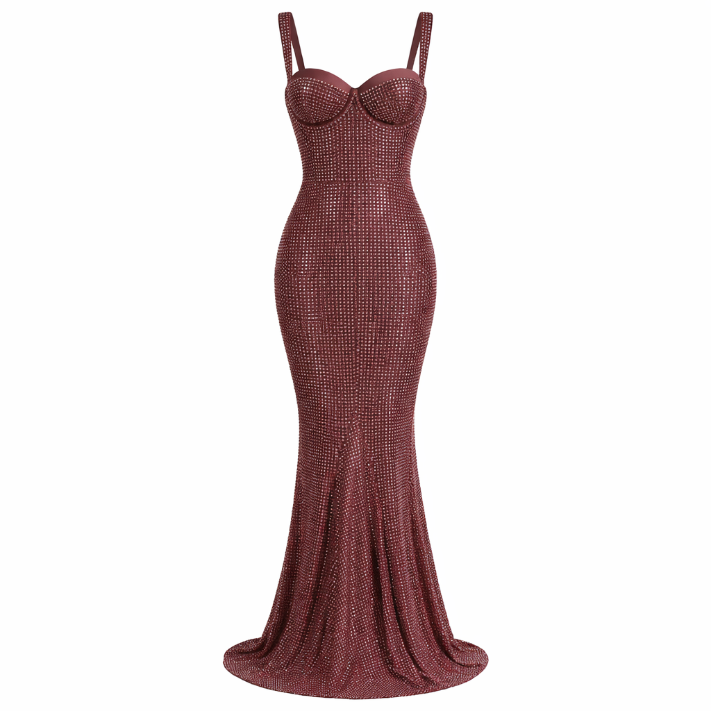 Cartagna Gown — Rhinestone Sculpted Mermaid Maxi (Brown / Red)