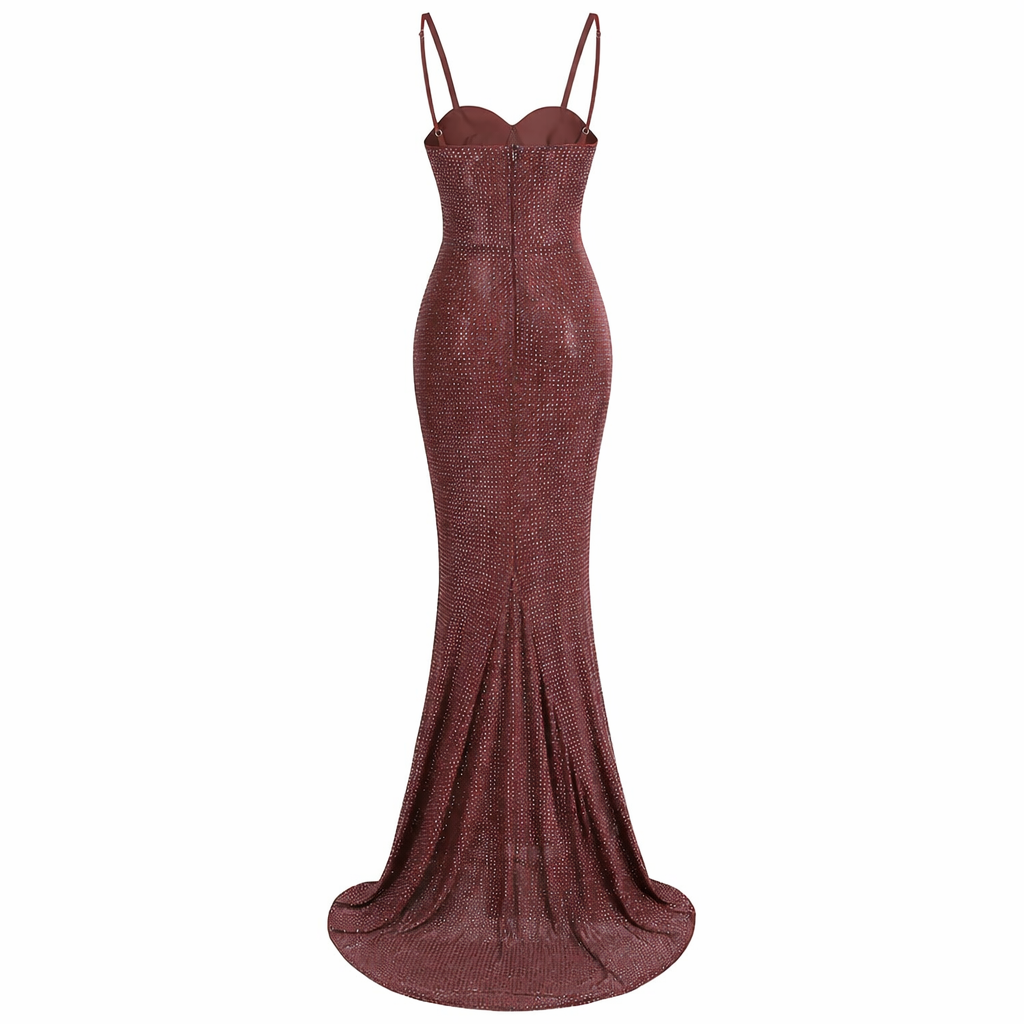 Cartagna Gown — Rhinestone Sculpted Mermaid Maxi (Brown / Red)