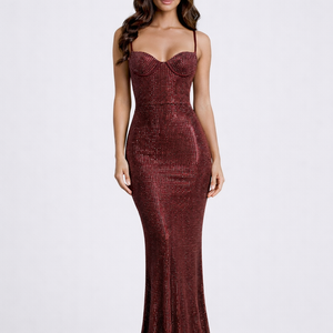 Cartagna Gown — Rhinestone Sculpted Mermaid Maxi (Brown / Red)