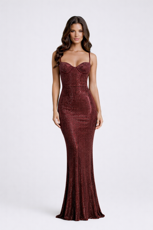 Cartagna Gown — Rhinestone Sculpted Mermaid Maxi (Brown / Red)