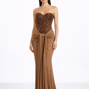 Capri Gown — Sequin Corset Bodice with Draped Satin Skirt