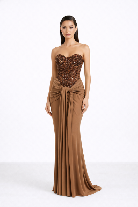Capri Gown — Sequin Corset Bodice with Draped Satin Skirt
