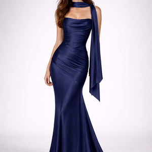 AZURA GOWN — Strapless Satin Mermaid with Flowing Tie