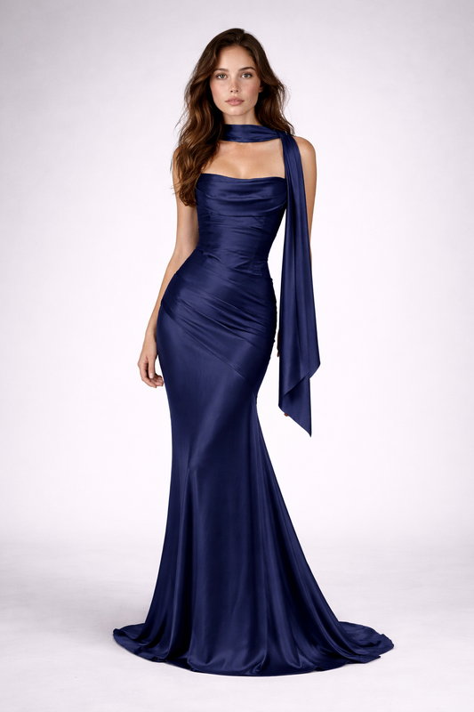 AZURA GOWN — Strapless Satin Mermaid with Flowing Tie