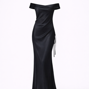 THE SOMERSET GOWN — Off-Shoulder Draped Satin Maxi with Open Back